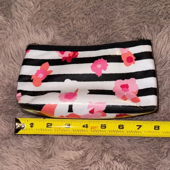 Floral Striped cosmetic makeup zipper closure Pouch pink black & white - Picture 3 of 5